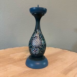 Vintage hand painted wooden Floral Blue Candle Holder